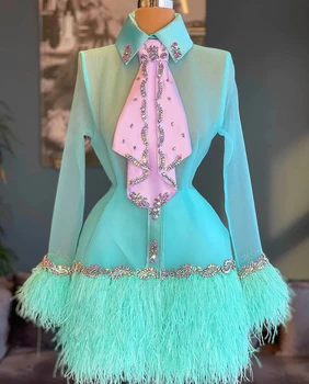 Turkuaz Kokteyl Elbiseleri Kılıf Uzun Kollu Kısa Mini Tül Tüy Boncuklu Mezuniyet Elbiseleri Haute Couture