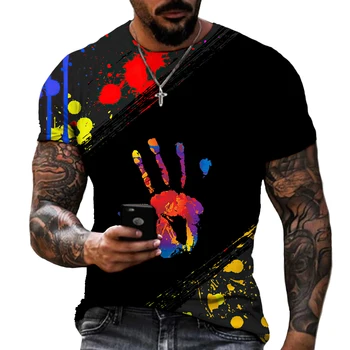 Yeni Renk Graffiti El İzi 3D Baskı erkek Ve kadın T-shirt Kaliteli Likra Polyester Büyük Boy Yaz Kısa Artı Boyutu Üstleri