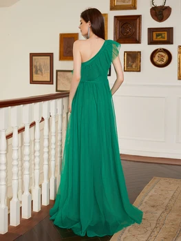 Yeni moda tek omuz kolsuz tam vücut düzensiz yeşil yüksek belli balo elbisesi kokteyl ön avlu