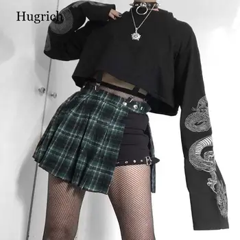 Gotik Siyah Seksi Kadın O-boyun Gevşek Uzun Kollu Ejderha Baskı Kırpma Üstleri 2021 Sonbahar Bahar Kadın Streetwear kısa tişörtler