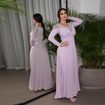 ROSELLA Mor V Boyun Resmi Durum Elbise Pilili Uzun Kollu Ayak Bileği Uzunluğu Taklidi Fermuar Up Kadın Balo elbisesi Yeni 2023