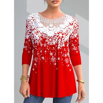 2023 Yeni kadın Büyük Kollu Rahat Moda Dantel Baskı Noel Elemanları Gevşek Üst T-shirt