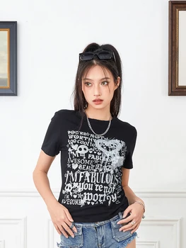 Kırpma Üstleri Kadınlar için Moda Y2k Bebek Tees Grafik Baskı Estetik Kısa Kollu Rahat Sevimli T Shirt