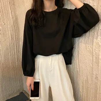 Sonbahar Kore Moda Katı Gevşek Y2K T-shirt Kadın Kış Harajuku Seksi Giysiler Kadın Japon Fener Kollu Vintage Tee Gömlek