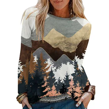 Kadın Sonbahar Moda Kazak Ceket Uzun Kollu Baskı Kazak Yuvarlak Boyun Kazak dekoratif tablolar Dağ Orman Üstleri T-Shirt