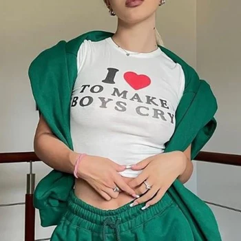 Y2k Moda Mektubu Baskı Harajuku O-Boyun kısa kollu tişörtler Yaz 2000s E-kız Beyaz Mahsul Tops İnce Sevimli Bebek Tee Streetwear