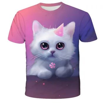 Kedi Kız T Shirt Elbise Erkek Kız Hayvan Çocuk 3D T-Shirt Çocuklar Yaz Kedi Canlı Sevimli Komik Bebek T Shirt Tops 2022 4-14Y