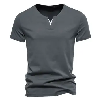 Erkek Kontrast Renk Çentik Boyun T Shirt Yaz Yeni Kısa Kollu Slim Fit Streç Fanila Moda Rahat V Boyun Tees Tops Homme