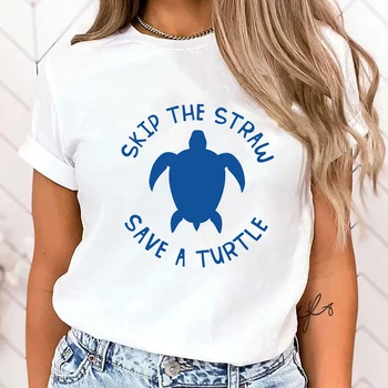 (Premium T-shirt) korumak Okyanus Atlama Saman Tasarrufu Kaplumbağa Mektup Baskı Kısa Kollu T Shirt Kadın Ekip Boyun T-Shirt