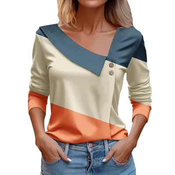 Kadın rahat üç renkli baskılı sonbahar üst 2023 moda denizci boyun uzun kollu tişört Seksi 3D Roupa kadın T-shirt