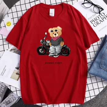 Motosiklet Oyuncak Ayı Sokak Binici Üstleri Erkek Karikatür bol tişört kısa kollu Moda Crewneck Giyim Pamuk Nefes Tee