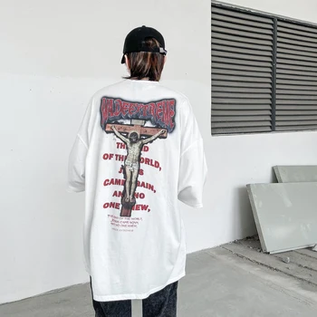 Amerikan Retro Hip-Hop Yüksek Sokak pamuklu tişört Yaz Chicano Dövme Graffiti Baskı Rahat Kısa kollu Üst erkek giyim