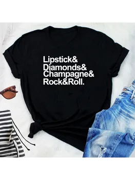 Ruj Elmas Şampanya Rock and Roll Kadın Gömlek Streetwear Kısa Kollu Casual O-Boyun T-shirt Tumblr Üstleri Tee tişörtleri