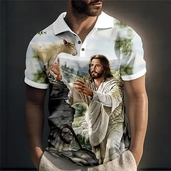 Vintage İsa Erkek POLO GÖMLEK 3D Baskı Rahat Günlük Yaka Tees Tops Grafik T Shirt Erkek Giyim Yaz Kısa Kollu