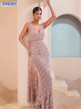 Büyüleyici Şifon A-Line gece elbisesi Parlak Derin V Yaka Elbise Klasik Kolsuz Aplike Kat uzunlukta Abiye Vestidos De Novia