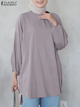ZANZEA Moda Müslüman Üstleri Kadın Puf Kollu Düz Renk Bluz Casual İslami Giyim Zarif Gevşek Arapça Blusas Mujer 2023