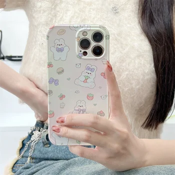Kore 2 in 1 Sevimli Çilek Tavşan Telefon Kılıfı İçin iPhone 14 11 12 13 Pro Max Kapak Silikon Darbeye Dayanıklı Durumlarda Güzel Kızlar Çapa
