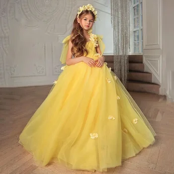 Sarı Çiçek Kız Elbise Scoop Boyun Kolsuz Yay Küçük Kız Prenses Düğün Doğum Günü Partisi İlk Communion Tatil Elbisesi