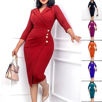 Kadın Elbise Zarif Takım Elbise Yaka Düğmesi Slim Fit Ofis Bayan Üç çeyrek Kollu Yeni Bahar Moda Paket Kalça Midi Kumaş