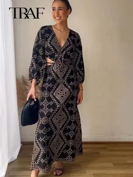 TRAF Yaz Kadın İşlemeli Elbise 2023 Yeni Eğlence V Yaka Üç Çeyrek Fener Kollu Backless Tasarım Orta Buzağı uzun elbise