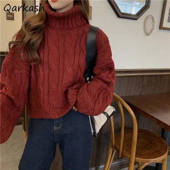 Katı Kazaklar Kadınlar Gevşek Kore Tarzı Tüm Maç Uzun Kollu Kazak Jakarlı Casual Streetwear Moda Balıkçı Yaka Popüler
