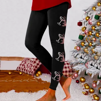 Kadın Noel Devrilmiş Kırmızı Şarap Bardağı Baskılı Dar Pantolon Kalça Kaldırma Spor Ve Spor Egzersiz Tayt