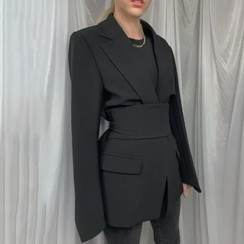 Kadın Bahar 2023 Moda Blazer Slim Fit İş Blazer ve Yeni Kravat Bel Ceket Retro Haki Siyah Bayanlar Hırka Üstleri
