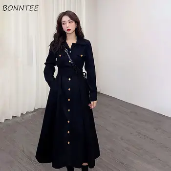 Uzun Kollu Elbiseler Kadın Zarif Tüm Maç Katı Resmi Sonbahar Kore Tarzı Sashes Ins Yeni Moda Rahat Güzel Temel Tasarım