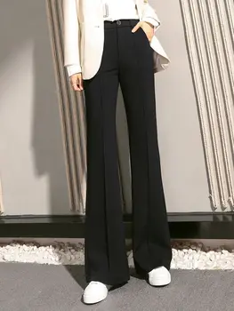 Yeni Yaz Şık Düğme Cepler Kadın Pantolon İnce Yüksek Bel Takım Elbise Düz Renk Rahat Moda Kadın Flare Pantolon 2024 A24