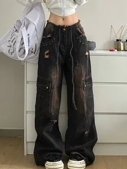 ADAgirl Kargo Kot Kadın Streetwear Vintage Baggy Yıkanmış Cepler Geniş Bacak kot pantolon Y2k Moda Rahat Düz Pantolon