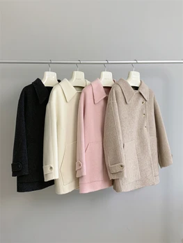Koreli kızlar için el yapımı çift taraflı yün yün ceket, orta uzunlukta yakalı kadınlar için ceket ve küçük kızlar için eğimli plaket