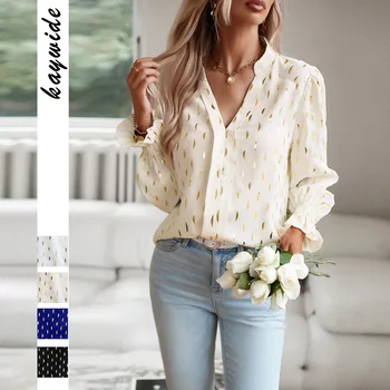 Bluz Kız 2023 Sonbahar V Yaka Uzun Kollu Üst Beyaz Bluz Kız