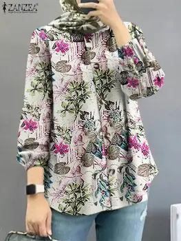 ZANZEA Kadınlar Bahar Müslüman Dubai Türkiye Abaya Gömlek Casual Düğmeler Aşağı Üstleri Çiçek Baskılı Blusas Vintage Uzun Kollu Bluz