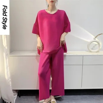2024 Yaz Moda Fırfır Kollu O-boyun Basit Düz Renk kadın T-shirt+Düz Bacak Pantolon Dokuz Bölünmüş Geniş Bacaklar