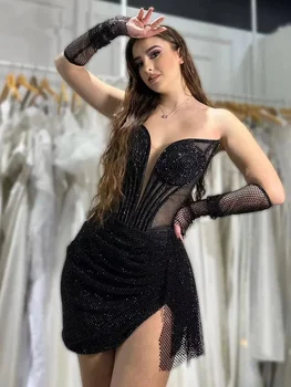 Lüks Yeni Kış Seksi Straplez Sequins Siyah Mini Kadın Abiye Elbise 2023 Glitter Parti Akşam Sahne Performansı Elbise Vestido