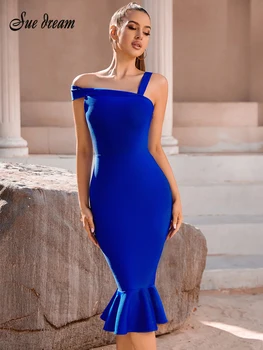 Zarif Mermaid Elbiseler Kadınlar için Yaz Kapalı Omuz Midi Elbise Bodycon Seksi Mavi Resmi Düğün Akşam Parti Elbise 2023