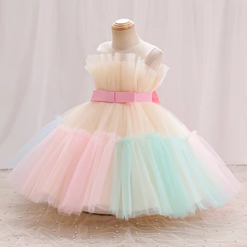 Sevimli Renkli örgü Kolsuz Yay Kemer Çiçek Kız Elbise Prenses Resmi Özel Durum Özel Kostüm 2023