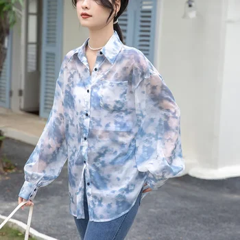 Casual Gömlek Dönüş Aşağı Yaka Üstleri Kadın Yaz Uzun Kollu İnce Güneş Koruyucu Gömlek Vintage Baskı Bluz Gevşek Giysiler 27252