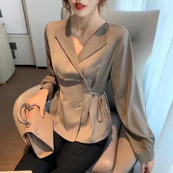2024 İlkbahar ve Sonbahar Yeni Kore Baskı Hafif Olgun Tarzı Retro Üst moda elbise Yaka Bel Sarılmış Şifon kadın Gömlek
