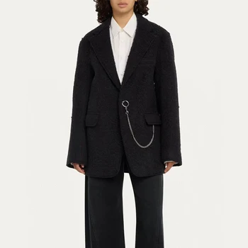 2024 erken bahar yeni punk tarzı yün blazer zincir dekore uzun bayan ceket yüksek kalite Kore moda y2k
