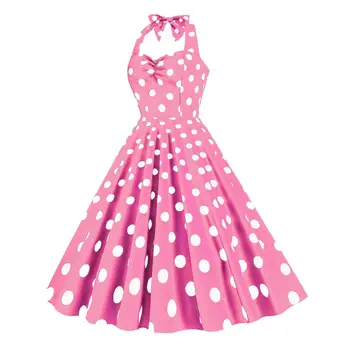 Kadın Akşam Elbise Retro A-line askı elbise Vintage 50s Tarzı Nokta Baskı Kontrast Renk Elastik Büstü Halter Boyun Yaz için