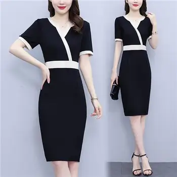 Büyük boy Ofis Bayan İnce Elbiseler 2023 Yaz Yeni Moda V Yaka Kısa Kollu Zarif Paket Kalça Kısa kadın elbisesi