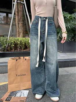 Yüksek Bel İpli Yıkanmış Kot Kadın Lace Up Gevşek Rahat Kot Geniş Bacak Pantolon Tüm Sezon Y2K Bayan Streetwear Pantolon Traf