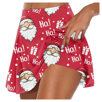 Kadınlar Casual Etek Elastik Bel Noel Baba Kardan Adam Baskılı Kısa Pilili Etek Moda Noel Elemanı A-Line Mini Etekler​