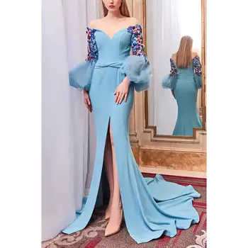 Lüks Dubai Sky Blue Mermaid Krep gece elbisesi 2024 Özel Durum Resmi Düğün Konuk Uzun Kollu Balo Parti Backless Elbise