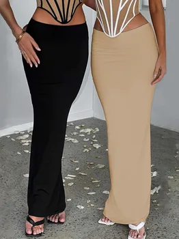 Zarif Yüksek Bel Düz Renk Uzun Etekler Kadınlar için 2023 Sonbahar Rahat Ofis Bayan Paket Kalça Parti Etek Streetwear Y2K Elbise