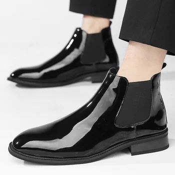 Sıcak Erkekler Chelsea Çizmeler Yumuşak Patent Deri düğün elbisesi Ayakkabı Erkek Düz Resmi Iş Ayak Bileği Moda Trendleri Sokak High-end