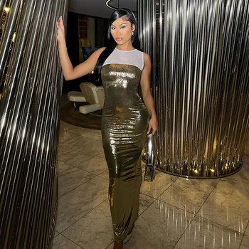 Metalik Altın Kadınlar Uzun Maxi Elbise Zarif Kolsuz Örgü Patchwork Bodycon Abiye 2024 Bahar Yeni Moda Vestidos