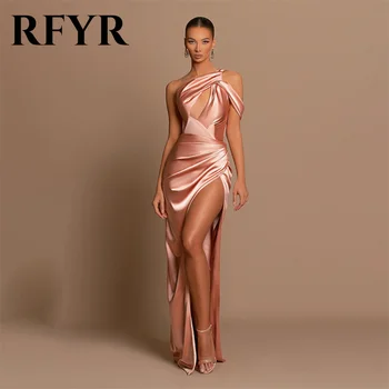 RFYR İnanılmaz Tozlu Gül Abiye Cut Out Mermaid Balo Elbise Kat Uzunluk Bir Omuz Saten Resmi Elbise Yarık 프롬 드스스