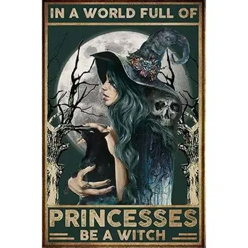 Prenseslerle Dolu Bir Dünyada Bir Cadı Cadılar Bayramı Metal Teneke Posteri Kapalı Açık Ev Bar Kahve mutfak duvar dekoru Siyah